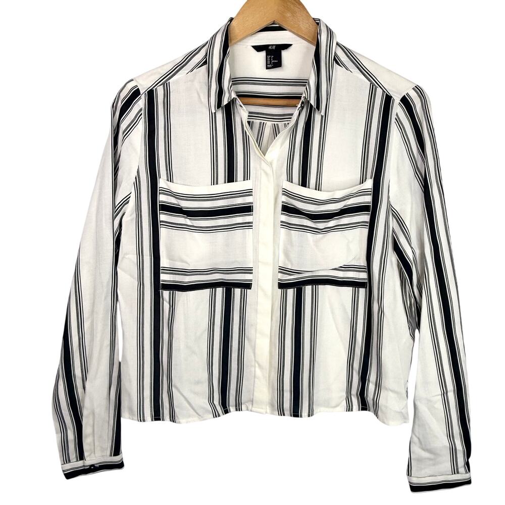 H&M Black & White Striped Crop Button Down 6